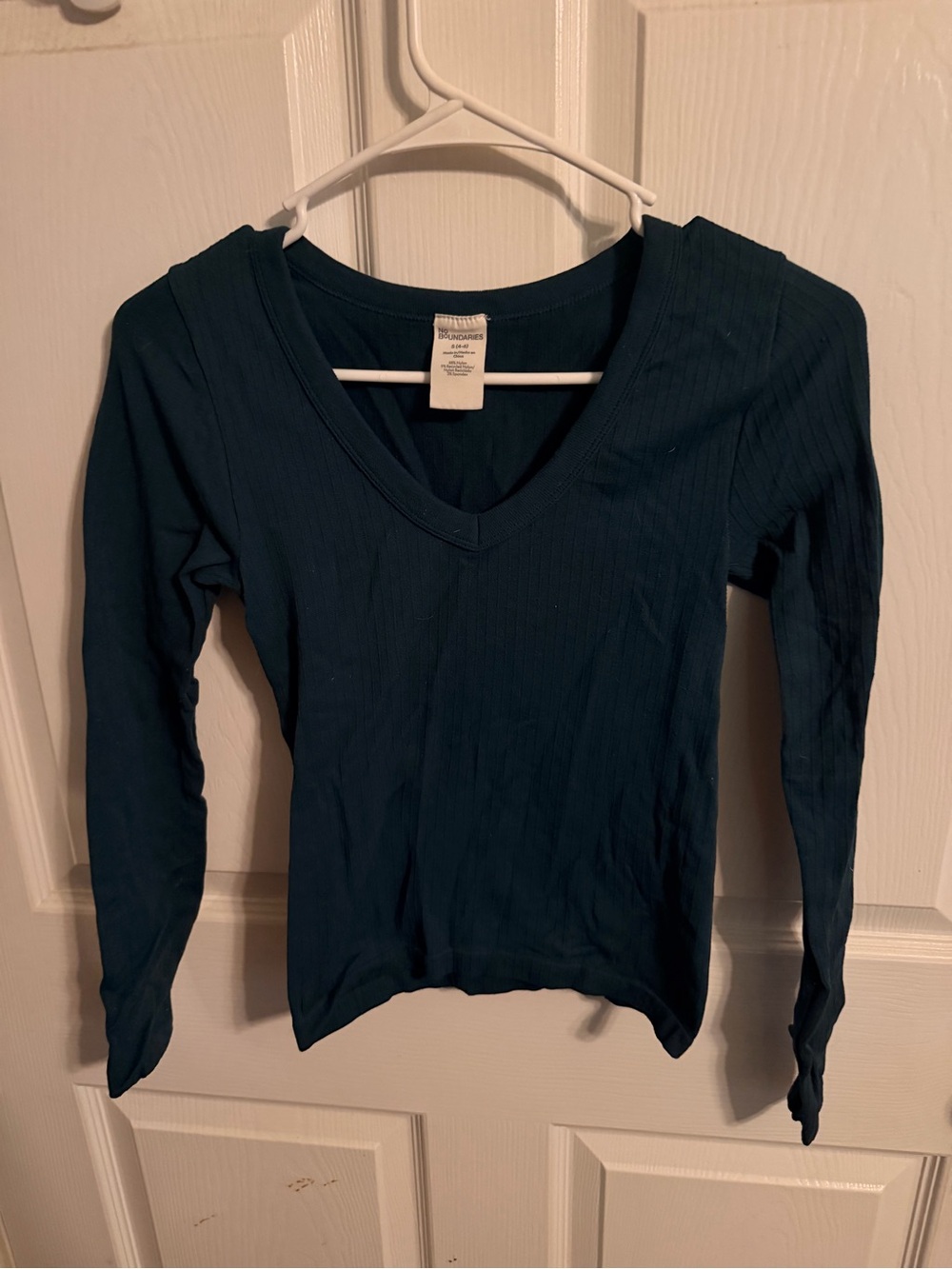 No Boundaries Teal Ribbed V-Neck Long Sleeve Top